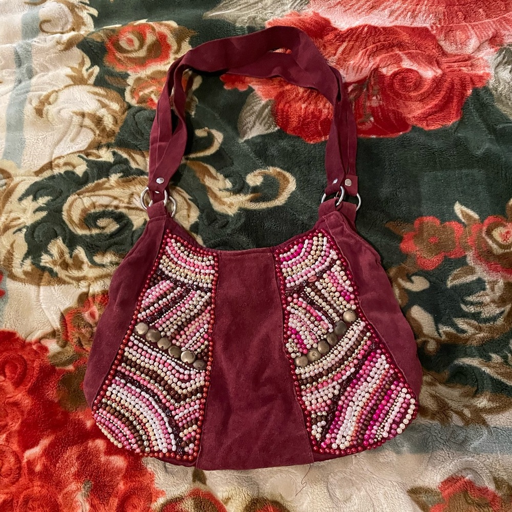 cute burgundy and pink beaded leather purse